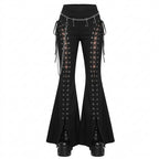 Visual Kei Chain-Detail Lace-Up Mesh Flare Pants with Split Hem Shoptery
