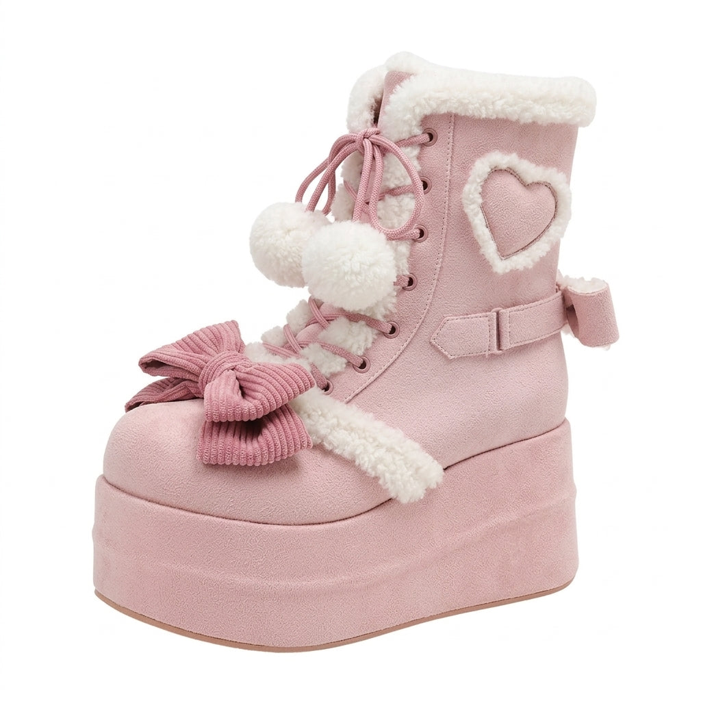 Jirai Kei Fluffy Heart Platform Snow Boots with Pom-Pom Laces Pink Shoptery