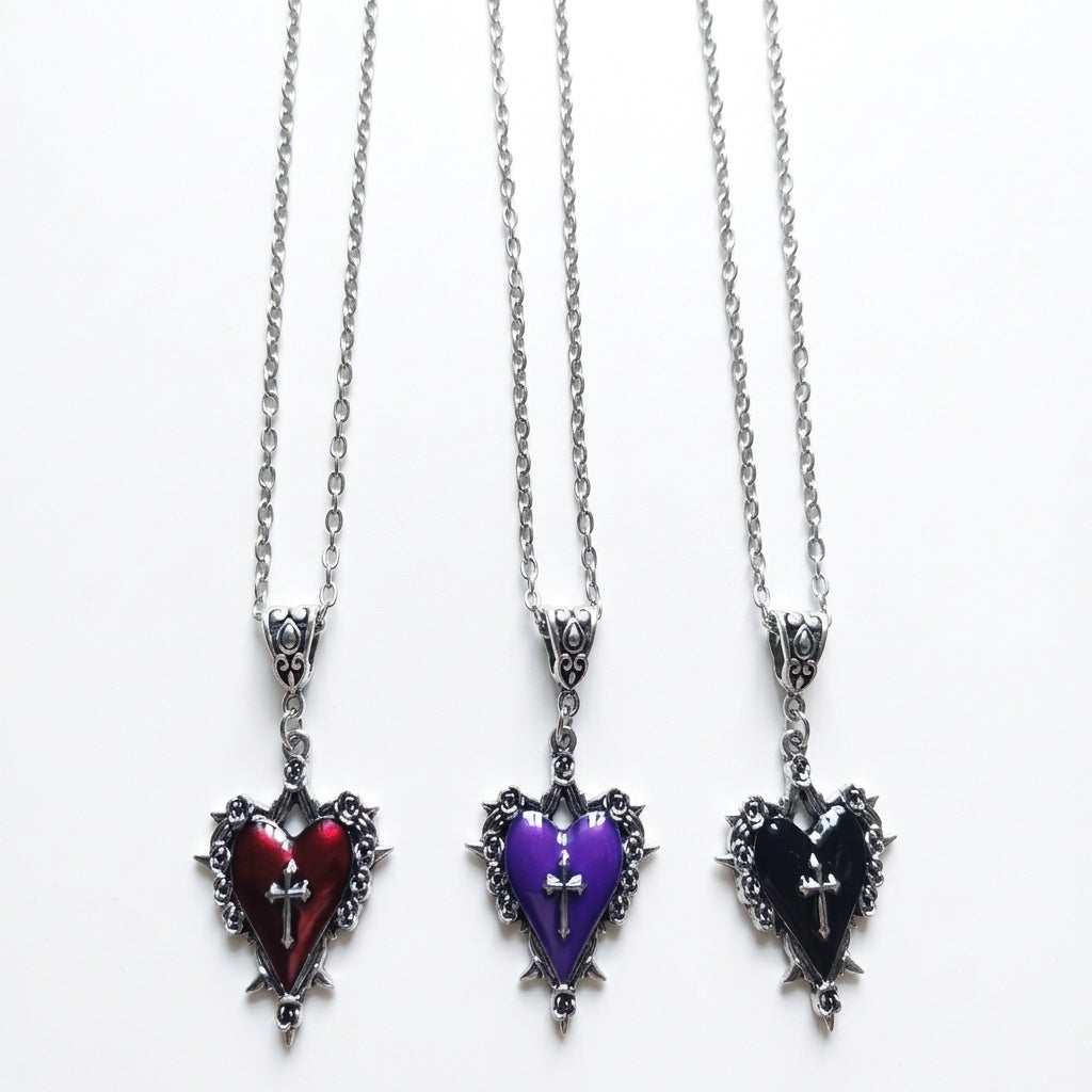 Visual Kei Gothic Cross Heart Thorn Rose Silver Pendant Necklace Purple2 Shoptery