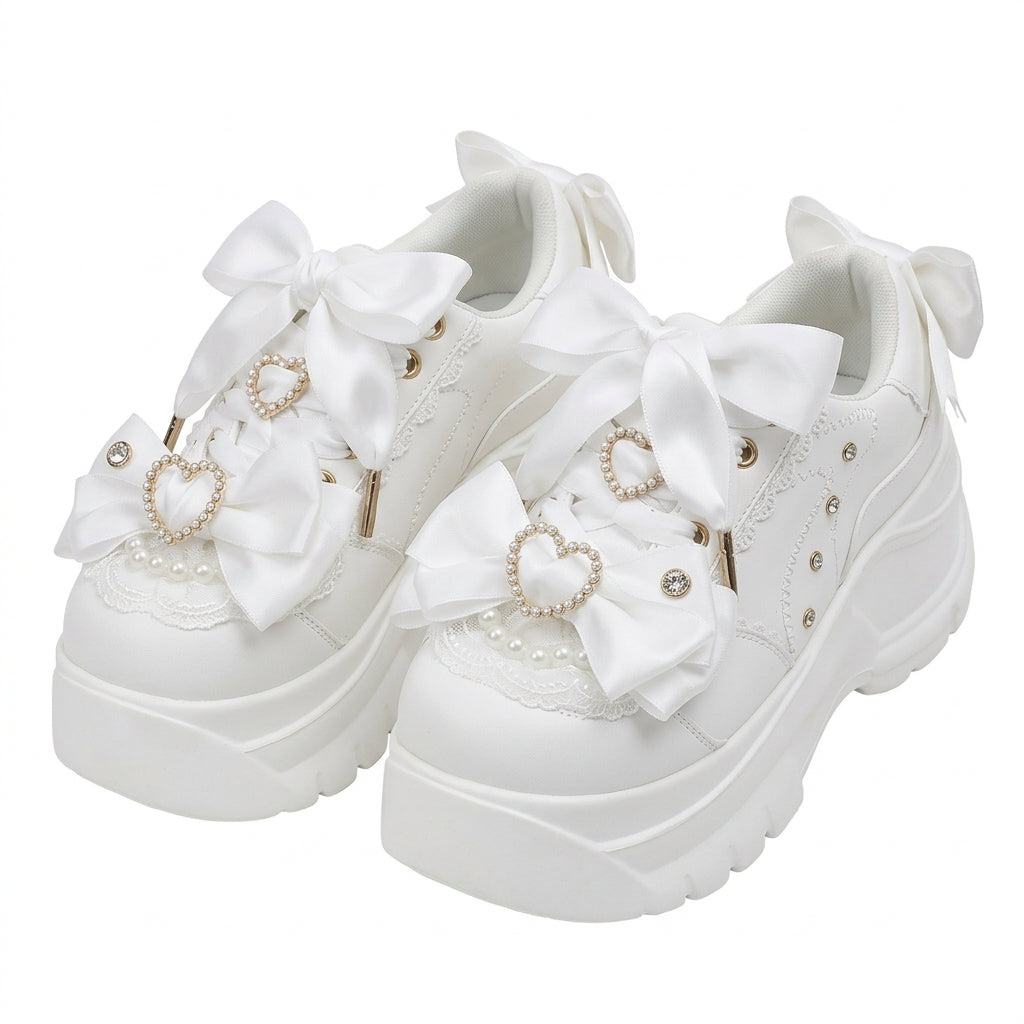 Jirai Kei Pearl Heart Bow Platform Sneakers in White White Shoptery