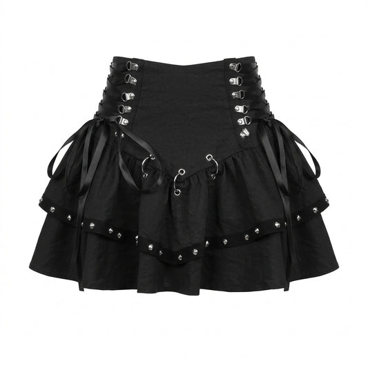 Jirai Kei Black Layered Ruffle Mini Skirt with Studs & Lace-Up Shoptery