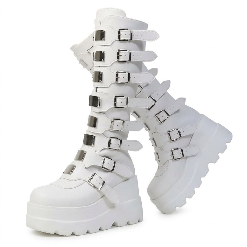Visual Kei White Platform Knee-High Buckle Strap Boots Shoptery Main image