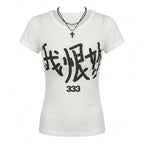 Visual Kei Chinese Character Print Baby Tee with Cross Necklace white Shoptery