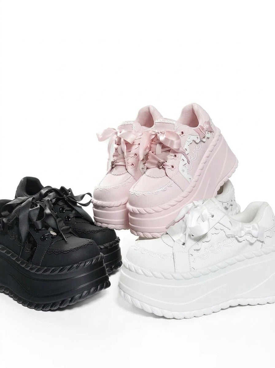 Jirai Kei Satin Ribbon Lace Trim Platform Chunky Sneakers Shoptery Main image