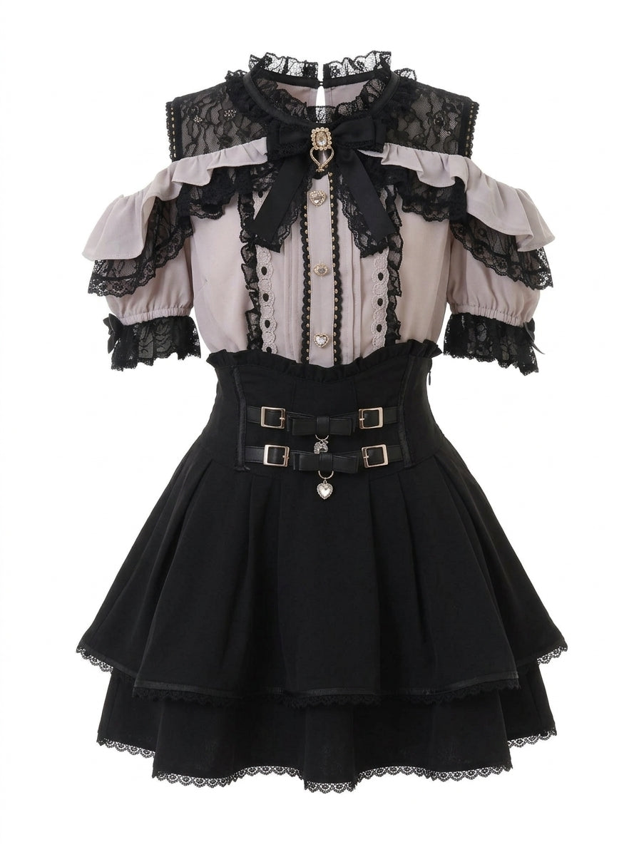 Jirai Kei Cold Shoulder Lace Blouse & Buckle High Waist Tiered Skirt Set pink shirt Shoptery Main image