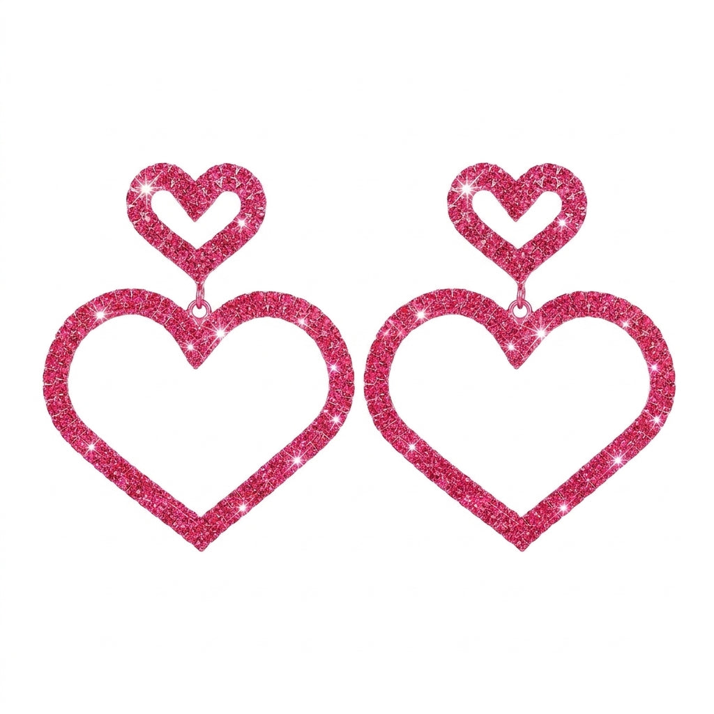 Jirai Kei Double Heart Glitter Drop Earrings in Hot Pink Shoptery