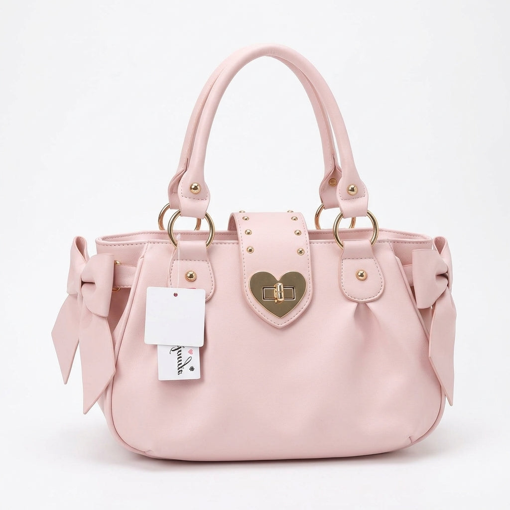Jirai Kei Pink Heart Lock Bow Handbag with Gold Studs Pink Shoptery