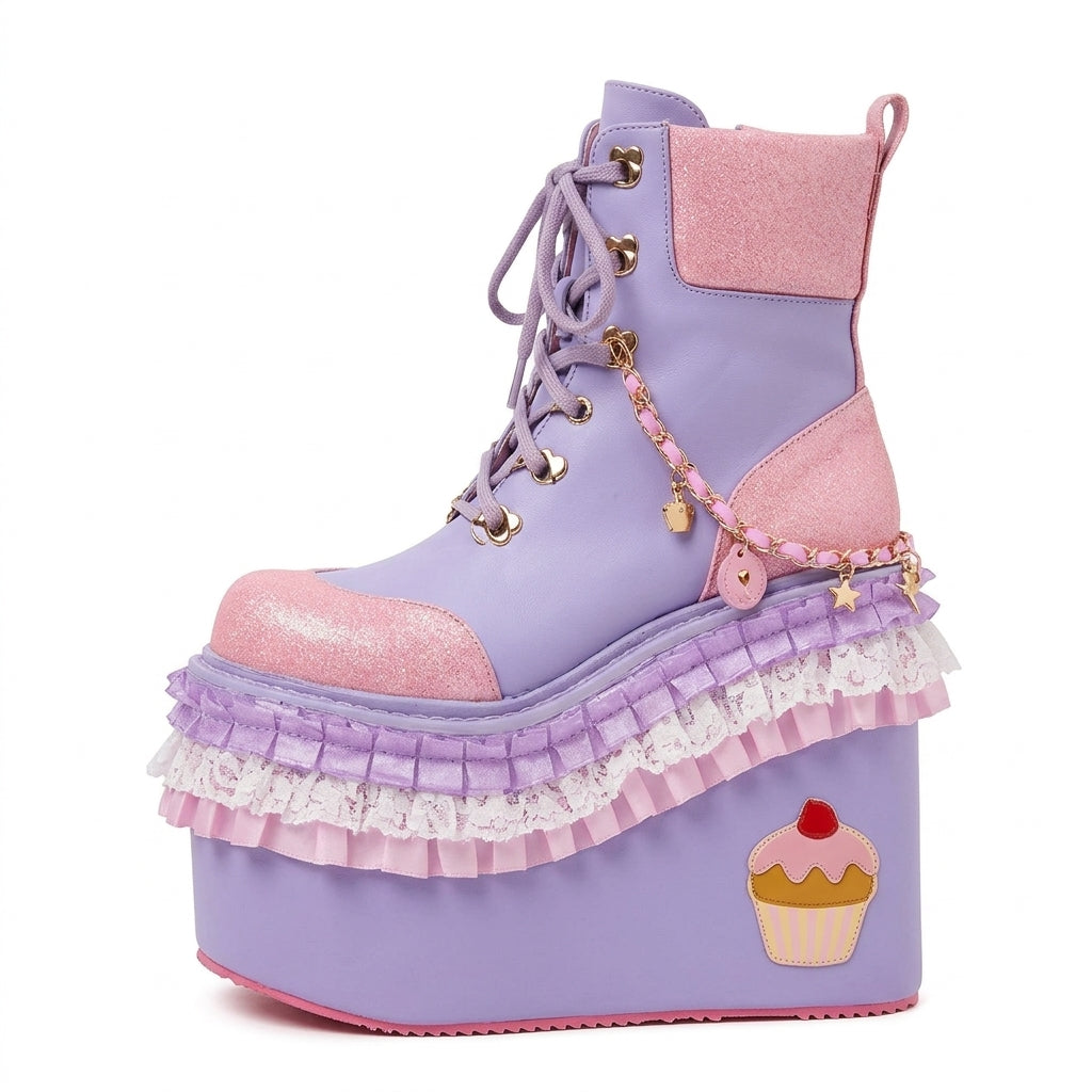 Fairy Kei Cupcake Platform Lace-Up Ankle Boots with Lace Frills Shoptery