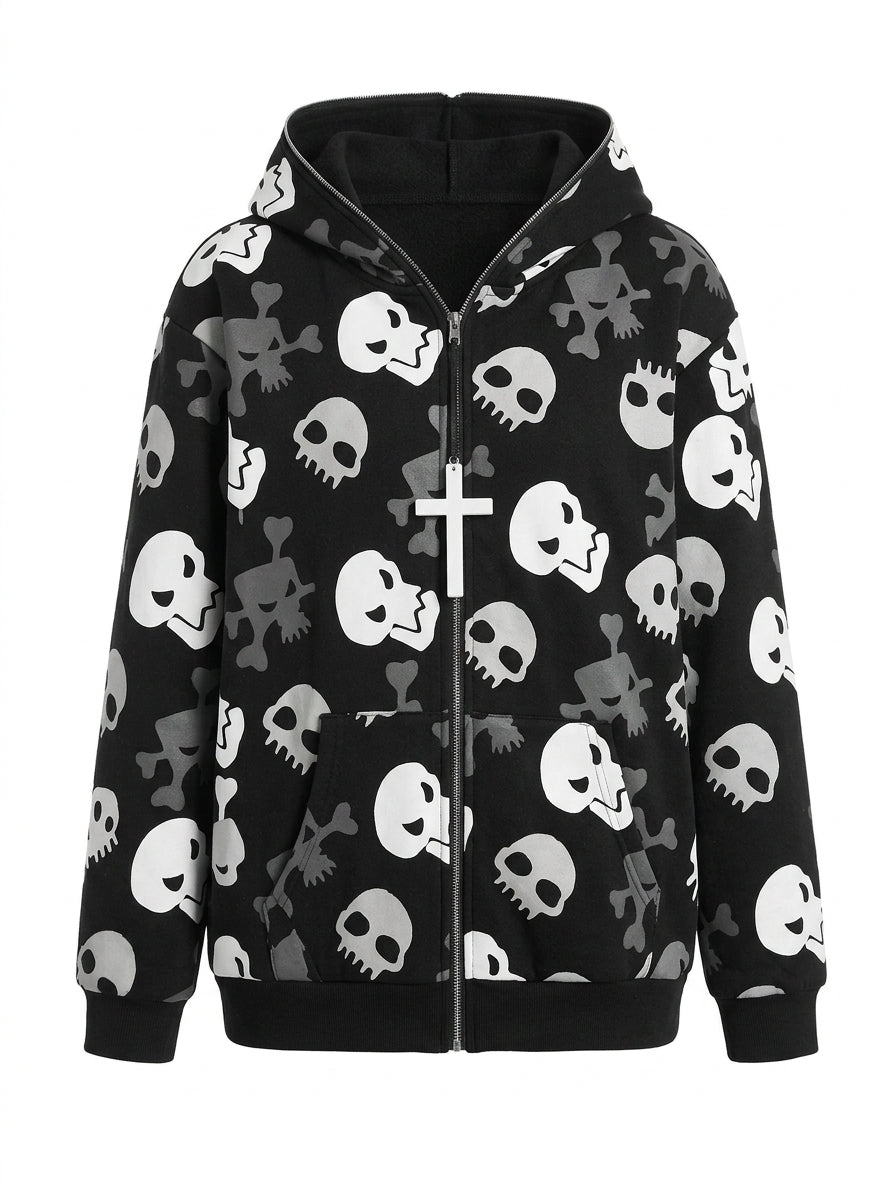 Visual Kei All-Over Skull & Crossbones Cross Zip-Up Hoodie Black Shoptery