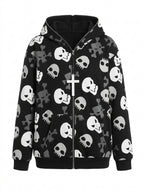 Visual Kei All-Over Skull & Crossbones Cross Zip-Up Hoodie Black Shoptery