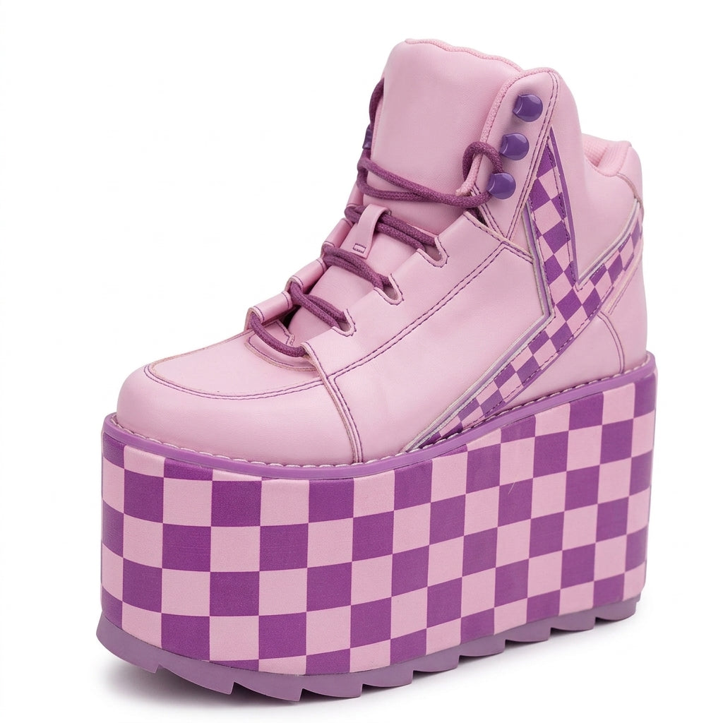 Fairy Kei Pink & Purple Checkerboard Chunky Platform Ankle Boots a Shoptery