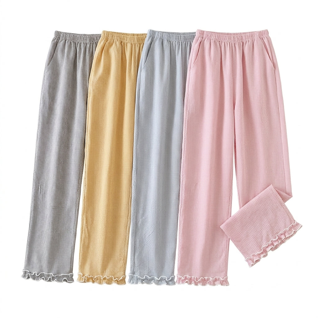 Fairy Kei Pastel Gingham Ruffle-Hem Lounge Pants Shoptery Main image