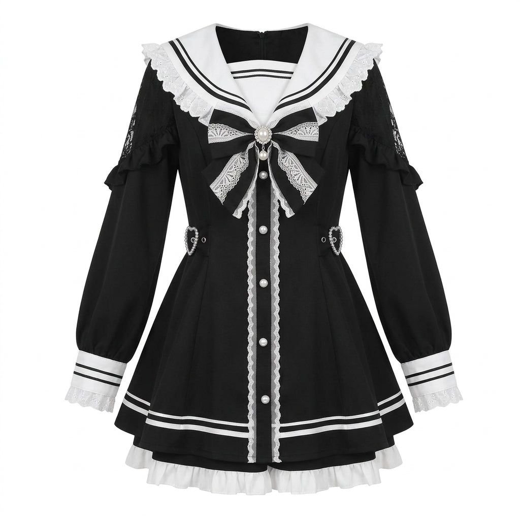 Jirai Kei Sailor Collar Lace Bow Pearl Button Mini Dress black Shoptery Main image