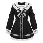 Jirai Kei Sailor Collar Lace Bow Pearl Button Mini Dress black Shoptery