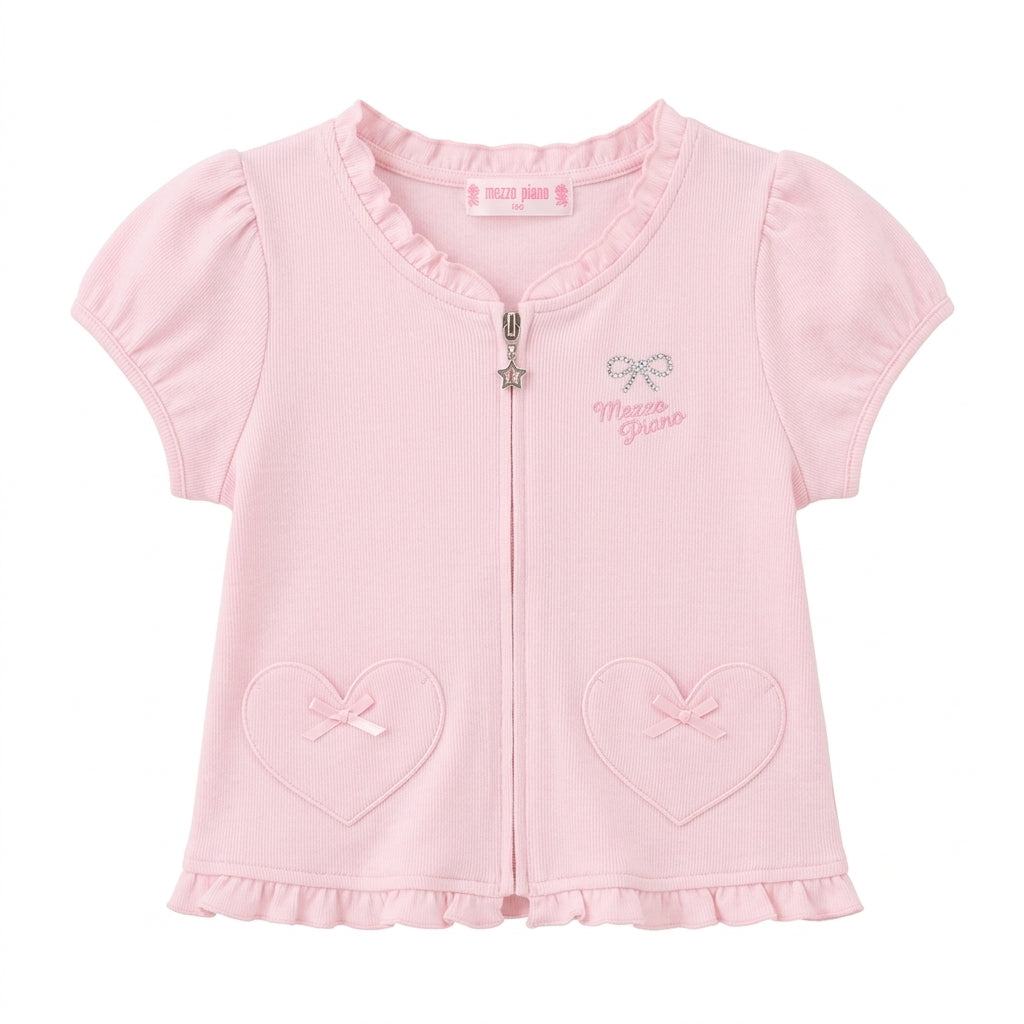 Fairy Kei Pastel Pink Heart Bow Zip Ribbed Cardigan by Mezzo Piano Pink Shoptery