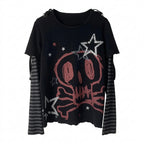 Visual Kei Skull & Crossbones Layered Long Sleeve Top with Striped Sleeves Shoptery
