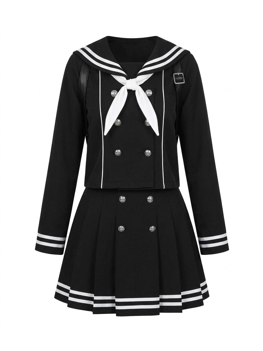 Jirai Kei Black Sailor Double-Breasted Top & Pleated Skirt Set Black Sets Shoptery