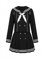 Jirai Kei Black Sailor Double-Breasted Top & Pleated Skirt Set Black Sets Shoptery