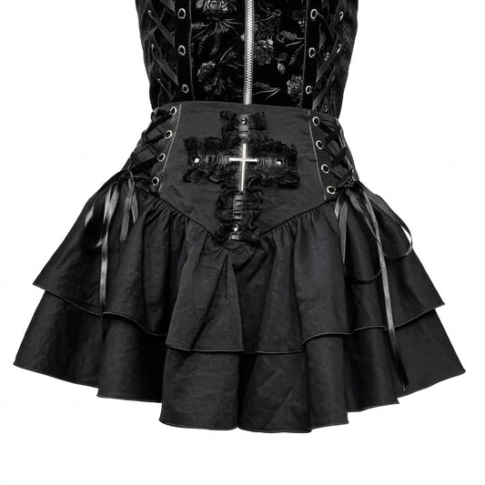 Visual Kei Black Velvet Corset Lace-Up Cross Tiered Mini Skirt Shoptery
