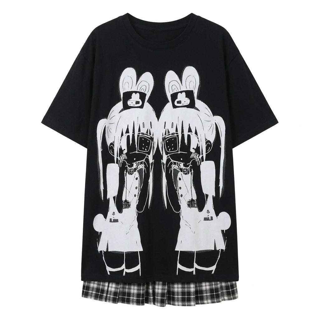 Jirai Kei Twin Bunny Girl Anime Graphic Layered T-Shirt Dress black Shoptery