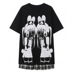 Jirai Kei Twin Bunny Girl Anime Graphic Layered T-Shirt Dress black Shoptery