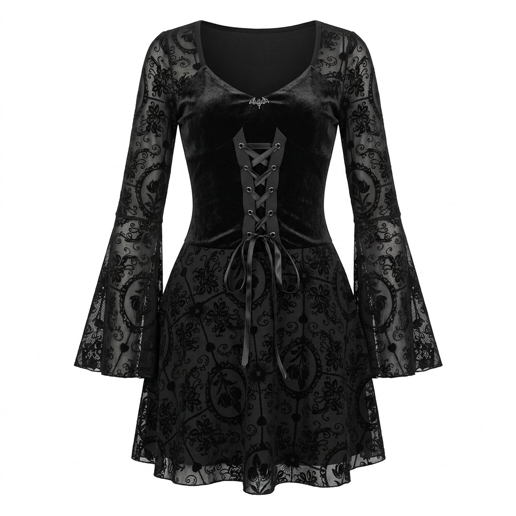 Visual Kei Black Velvet Lace-Up Flocked Bell Sleeve Mini Dress Shoptery Main image
