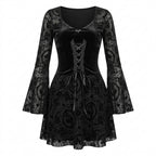 Visual Kei Black Velvet Lace-Up Flocked Bell Sleeve Mini Dress Shoptery