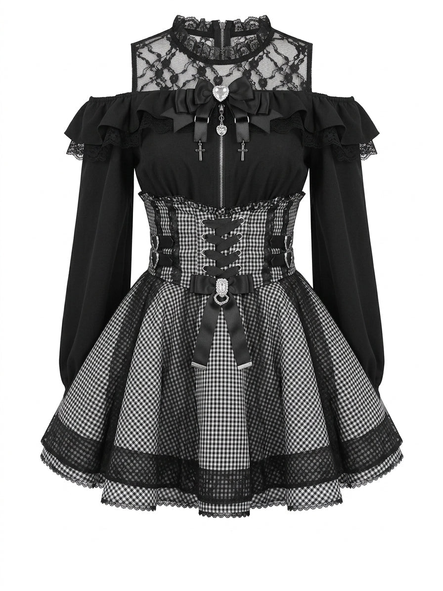 Jirai Kei Gingham Lace-Up Corset Dress with Off-Shoulder Lace Blouse 2-piece set Shoptery Main image
