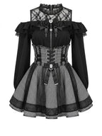 Jirai Kei Gingham Lace-Up Corset Dress with Off-Shoulder Lace Blouse 2-piece set Shoptery