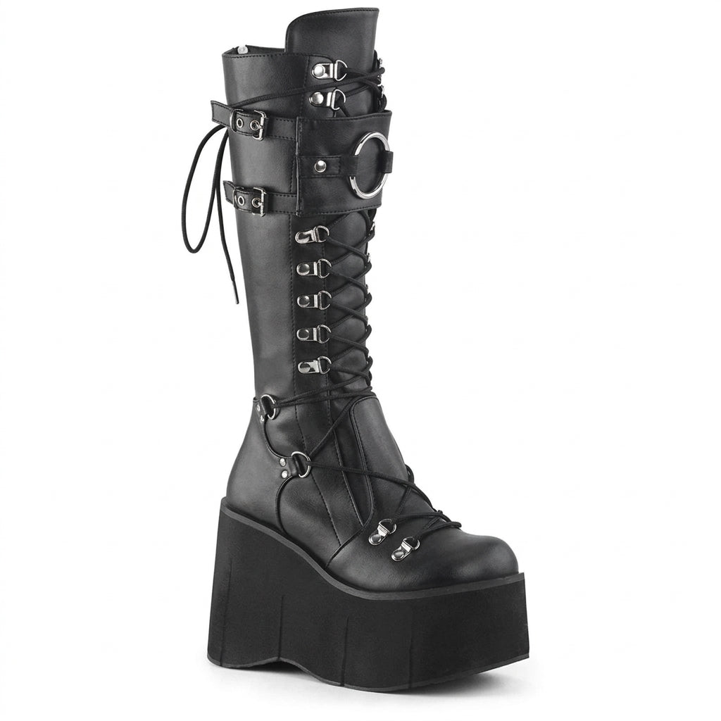 Visual Kei Black Platform Knee-High Lace-Up Buckle Boots Black Shoptery Main image