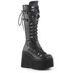 Visual Kei Black Platform Knee-High Lace-Up Buckle Boots Black Shoptery