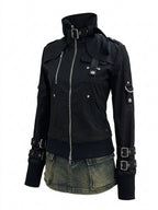 Visual Kei Multi-Buckle Black Bomber Jacket with Military Detail Shoptery