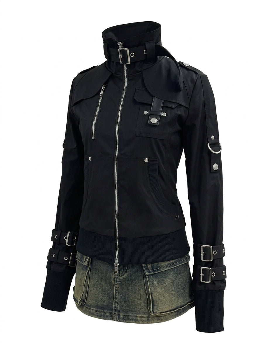 Visual Kei Multi-Buckle Black Bomber Jacket with Military Detail Shoptery