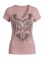 Visual Kei Heraldic Wing Fleur-de-Lis Graphic Pink V-Neck Tee Shoptery
