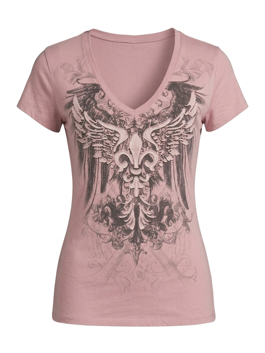 Visual Kei Heraldic Wing Fleur-de-Lis Graphic Pink V-Neck Tee Shoptery