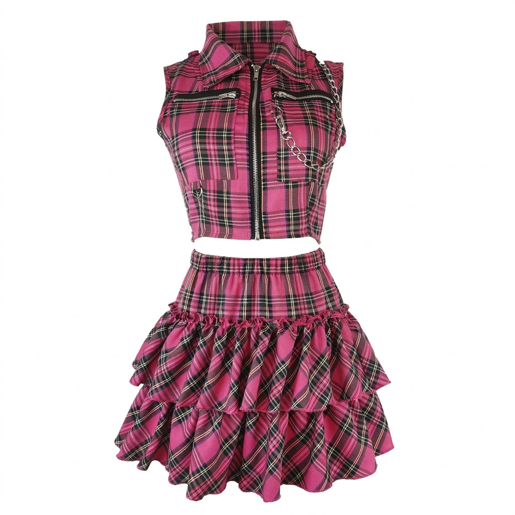 Jirai Kei Pink Tartan Plaid Zip Crop Top & Ruffle Mini Skirt Set 21161 Shoptery