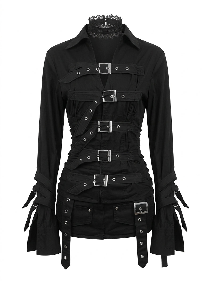 Visual Kei Black Multi-Buckle Strap Lace Collar Long Sleeve Shirt Shoptery