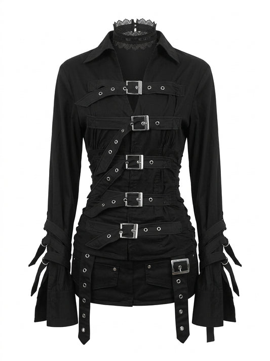 Visual Kei Black Multi-Buckle Strap Lace Collar Long Sleeve Shirt Black shirt Shoptery