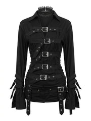 Visual Kei Black Multi-Buckle Strap Lace Collar Long Sleeve Shirt Shoptery