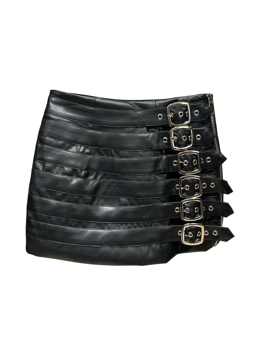 Jirai Kei Black PU Leather Multi-Buckle Strap Mini Skirt Set Shoptery