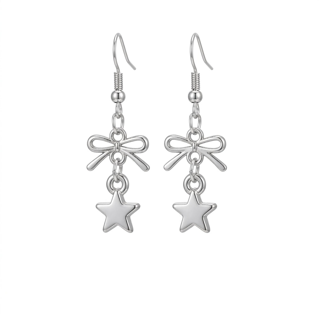 Fairy Kei Silver Bow & Star Charm Drop Earrings Default Title Shoptery Hauptbild