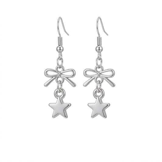Fairy Kei Silver Bow & Star Charm Drop Earrings Shoptery