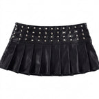 Visual Kei Black PU Leather Studded Pleated Mini Skirt Black Shoptery