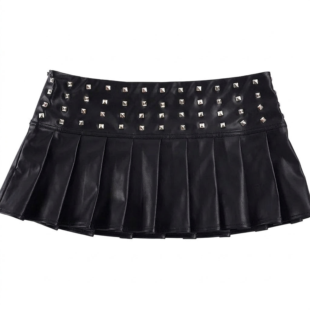 Visual Kei Black PU Leather Studded Pleated Mini Skirt Black Shoptery