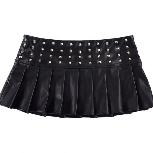Visual Kei Black PU Leather Studded Pleated Mini Skirt Shoptery