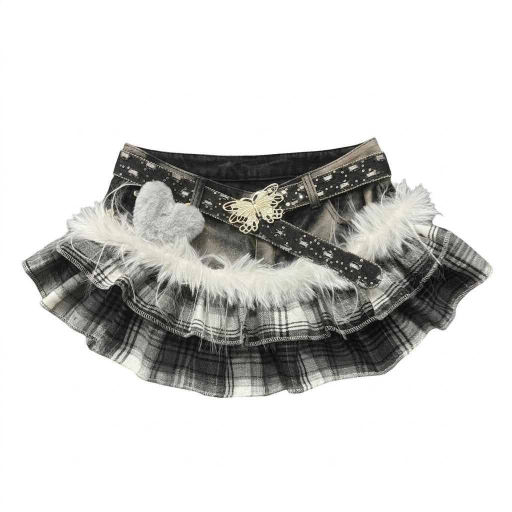 Gyaru Grey Plaid Ruffle Mini Skirt with Fur Trim & Butterfly Belt Shoptery Main image