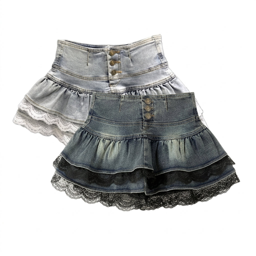 Jirai Kei Denim Ruffle Mini Skirt with Lace Trim Shoptery Main image