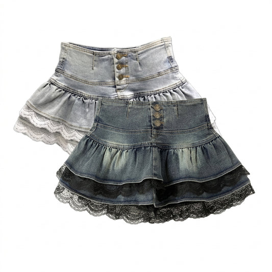 Jirai Kei Denim Ruffle Mini Skirt with Lace Trim Shoptery