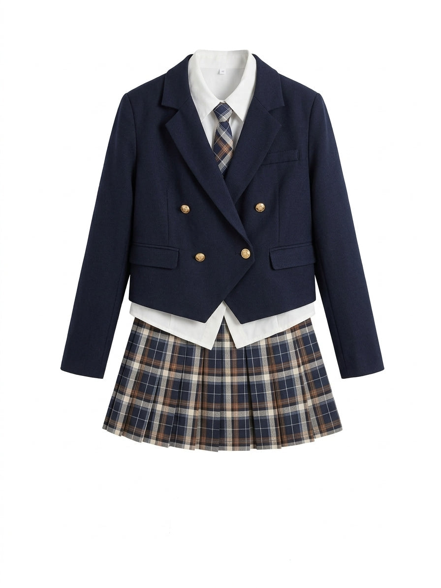 Jirai Kei Navy Blazer Plaid Pleated Skirt School Uniform Set BLACK Shoptery