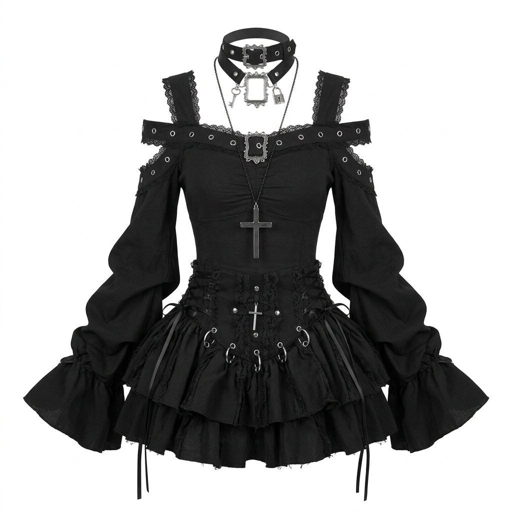 Jirai Kei Black Gothic Cross Lace Cold-Shoulder Mini Dress Set